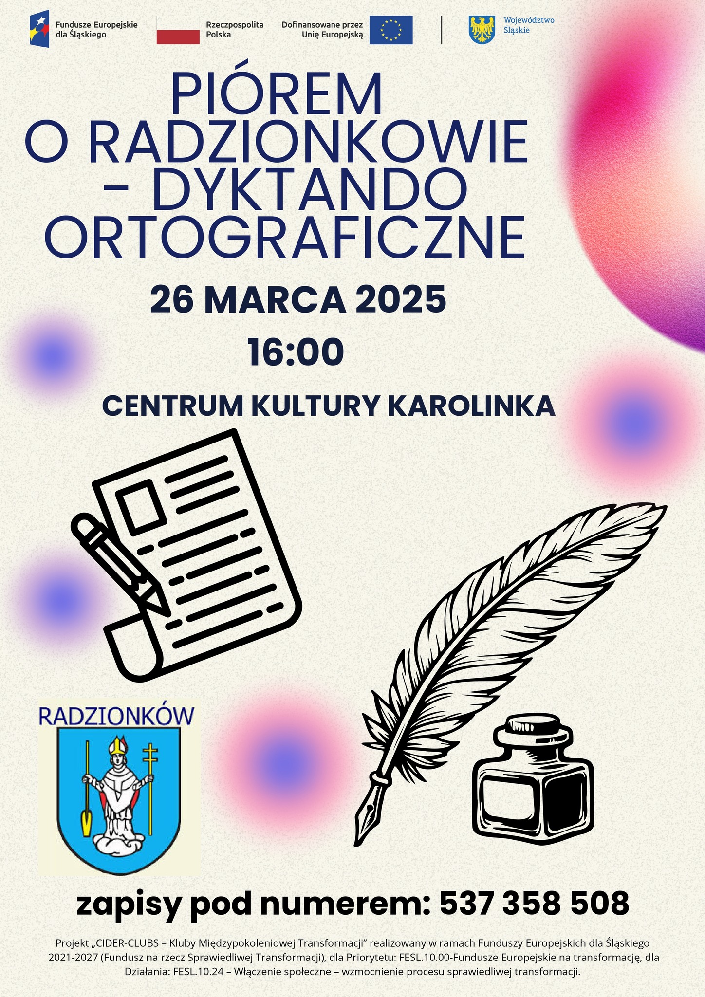 Plakat informacyjny o dyktandzie ortograficznym