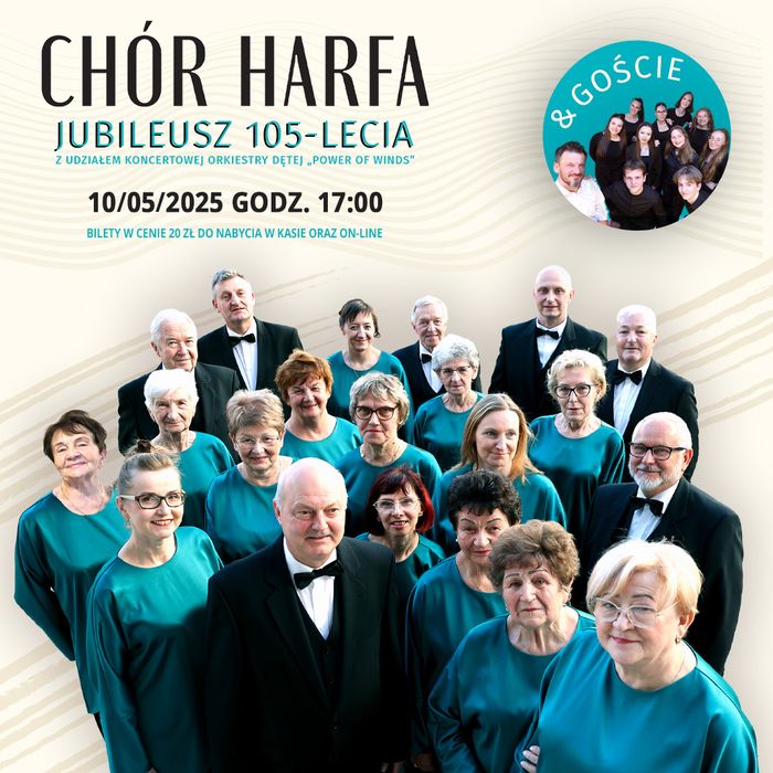 Plakat informujący o jubileuszu 105-lecia chóru Harfa.