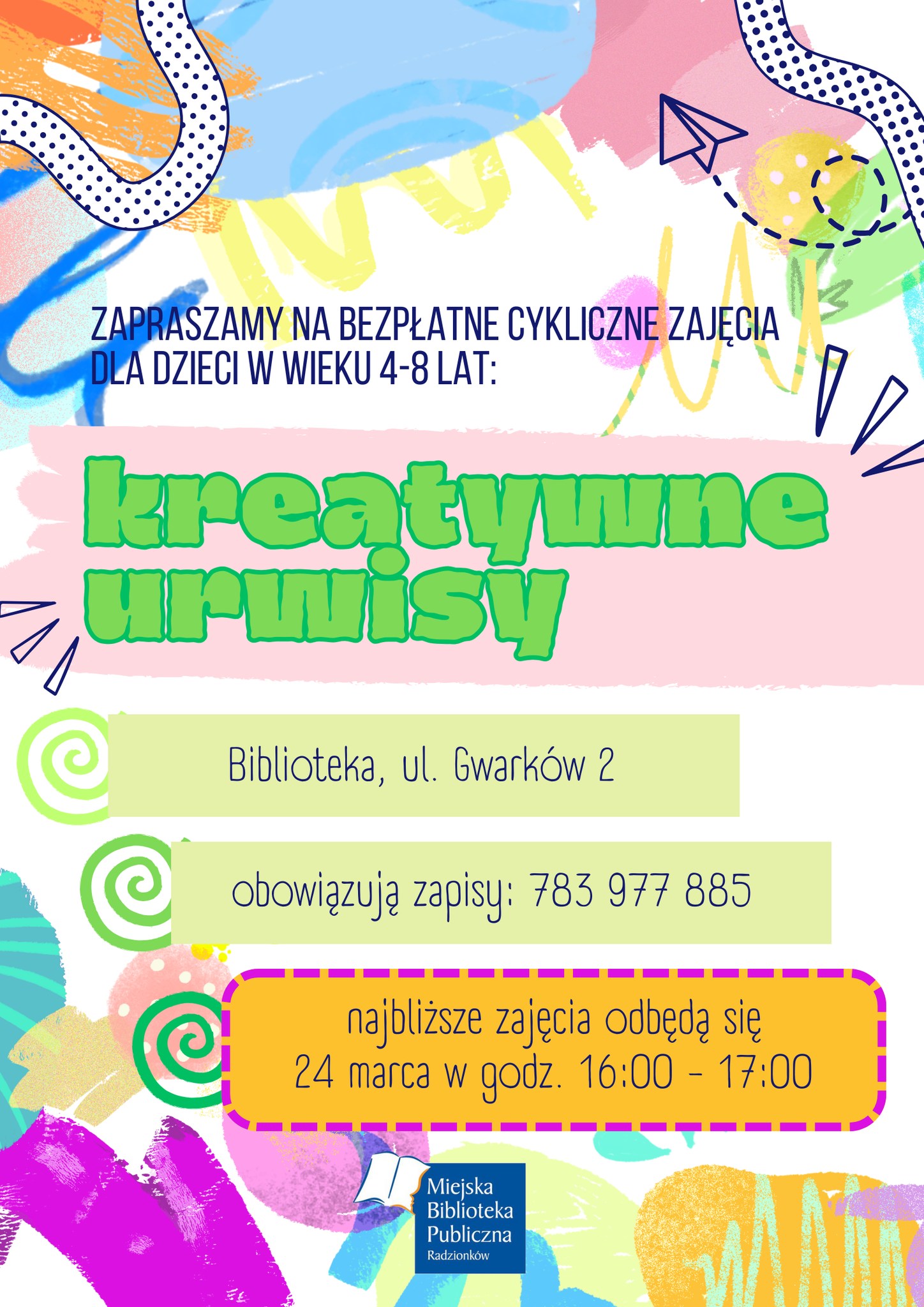 Plakat informacyjny o zajęciach dla dzieci "Kreatywne urwisy"