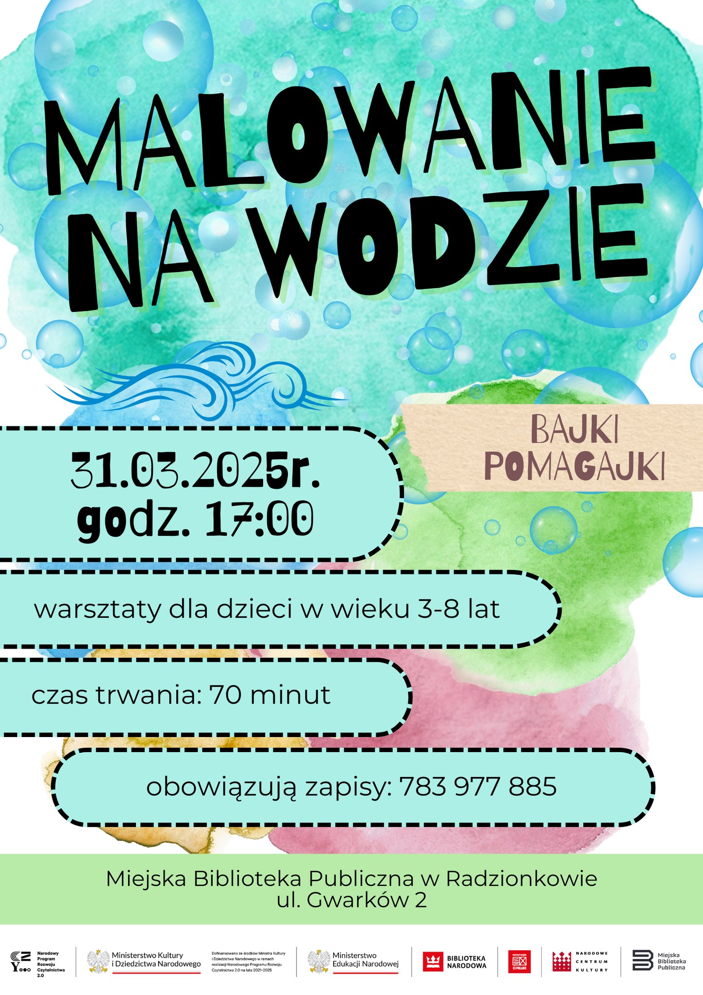 Plakat informacyjny o zajęciach dla dzieci "Malowanie na wodzie"