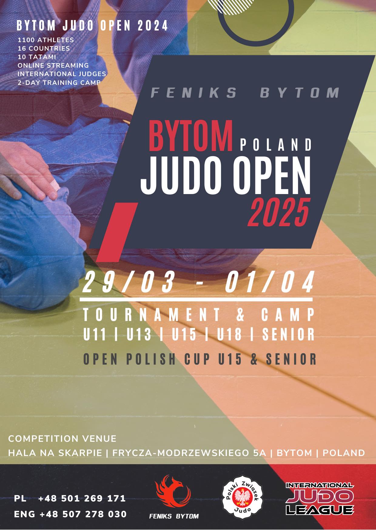 Plakat informujący o międzynarodowym treningu judo w Radzionkowie