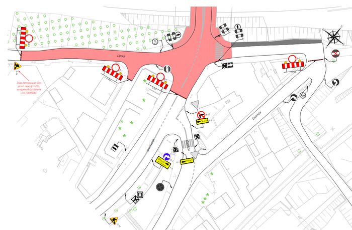 Mapa pokazująca odcinki ulic, które zostały wyłączone z ruchu drogowego.